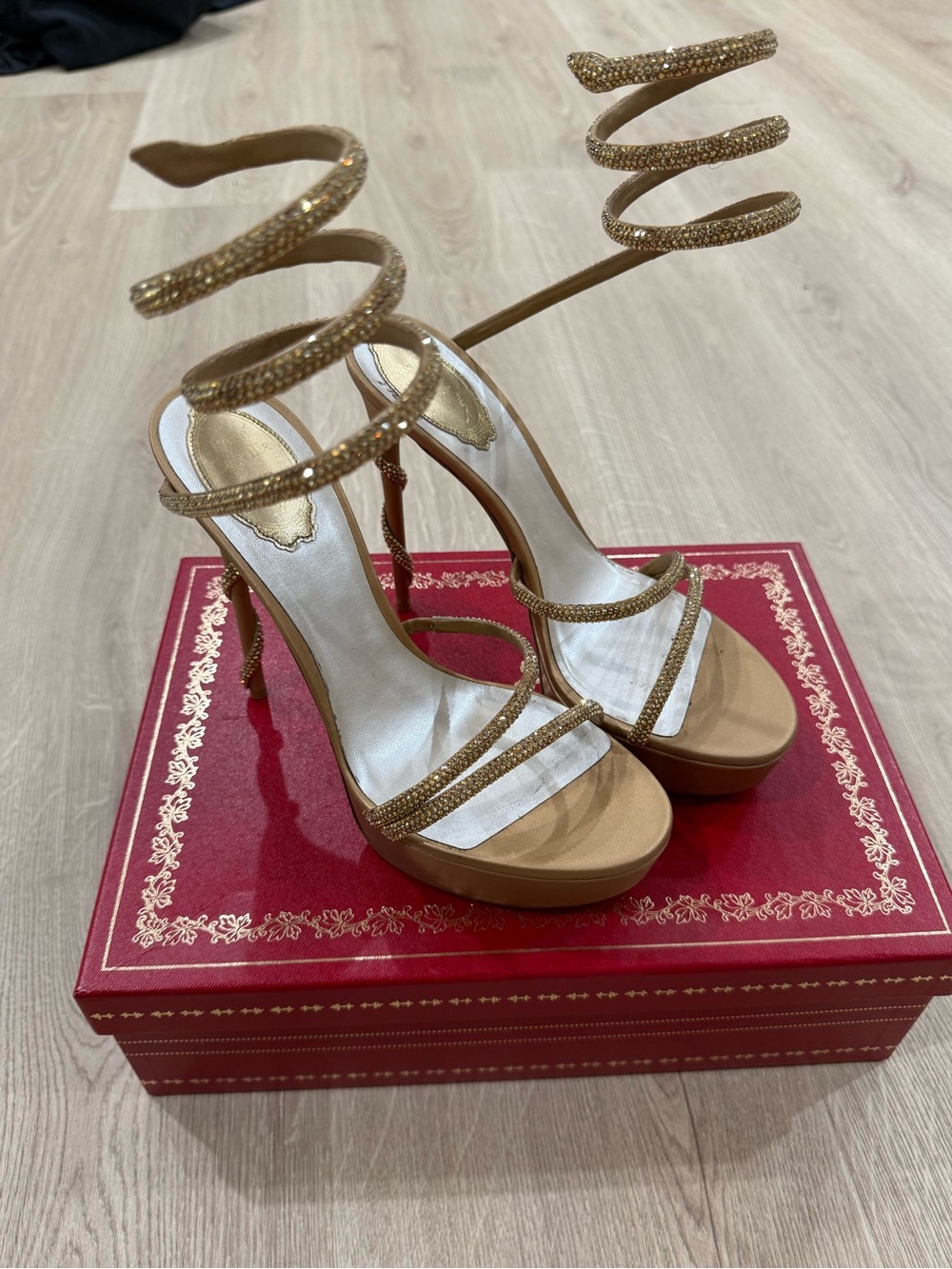 Rene Caovilla Gold Spiral Wrap Crystal-Heel Sandals comes with receipt.